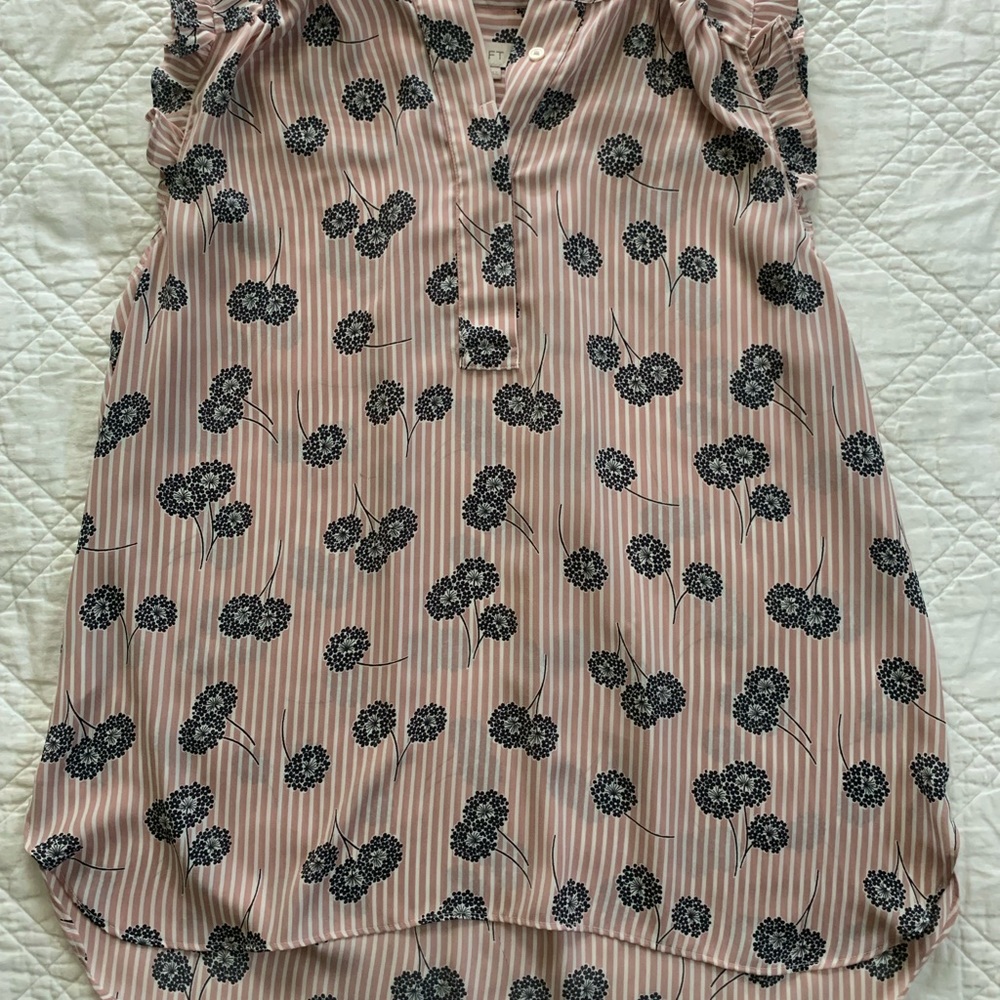 LOFT pink stripe w/blue floral button down sleeveless shirt.